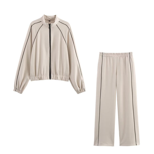 Zweiteiliges Track Suit Set – Beige mit Kontrastlinien